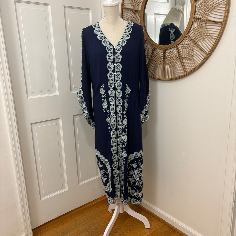 Paparazzi Embroidered Maxi Duster Kimono Dress M Button Up Boho Festival Resort